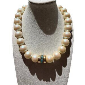 Vintage RAU KLIKIT Pearl Choker Necklace Chain Gold Tone Blue Stone Closure